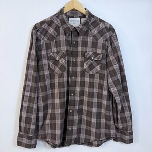 Aeropostale Long Sleeve Plaid Western Pearl Snap Shirt Mens L Brown Pockets